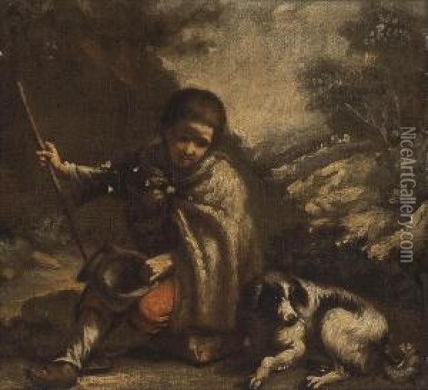 A Young Boy And A Dog In A Landscape Oil Painting - Pedro Nunez De Villavicencio