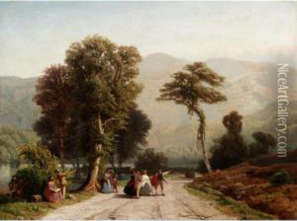 A Summer Outing In An Alpine Landscape Oil Painting - Jacobus Nicolaas Tjarda Van Stachouwer