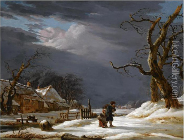 A Winter Landscape With A Man And A Child Walking Through The Snow Near A Farmhouse Oil Painting - Jacob Van Stry