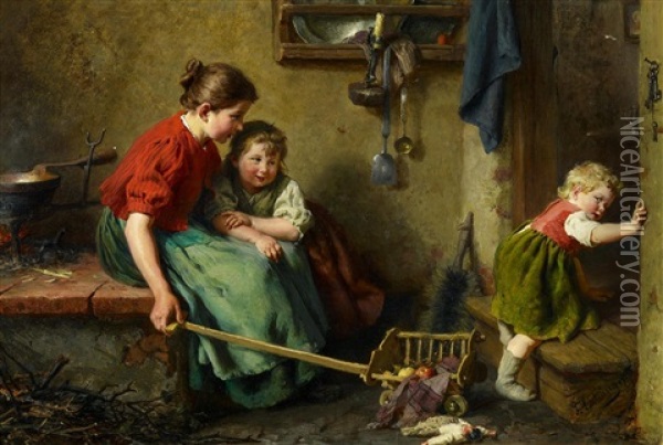 Kinder Beim Spielen In Der Kuche Oil Painting - Felix Schlesinger