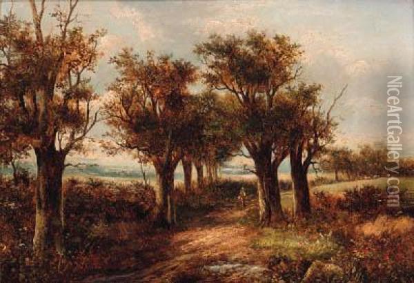 A Figure On A Wooded Track; And Cottages In A Landscape Oil Painting - Joseph Thors