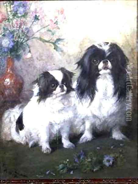 A Japanese Chin Bitch and her Puppy Oil Painting - Frances C. Fairman