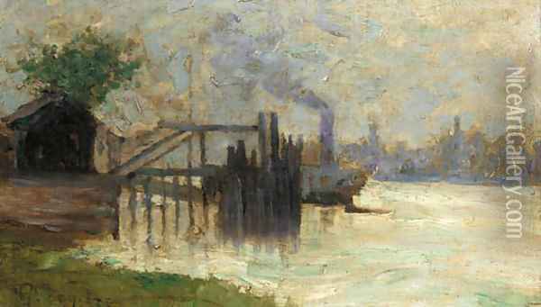 A steam boat by a jetty Oil Painting - Guillaume Vogels