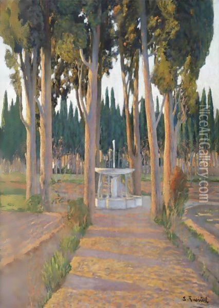 Golden Cypresses - The Orchard Of The Duke Of Gor Oil Painting - Santiago Rusinol i Prats