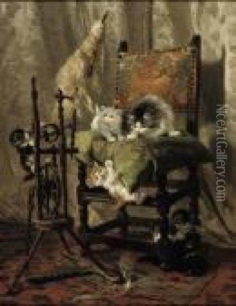 Playful Kittens By A Spinning Wheel Oil Painting - Henriette Ronner-Knip