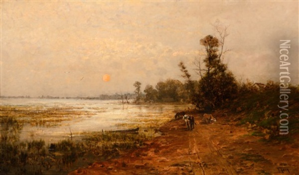 Sunset Over The Lake Oil Painting - John Fery