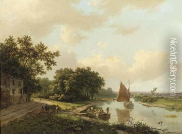 An Extensive Riverlandscape With Figures Unloading A Stone Transport Oil Painting - Marianus Adrianus Koekkoek