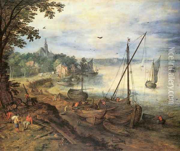River Landscape with Lumbermen Oil Painting - Jan The Elder Brueghel