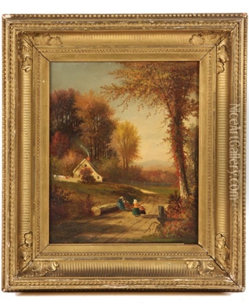 Country Lane With Cottage And Figures Oil Painting - Samuel W. Griggs