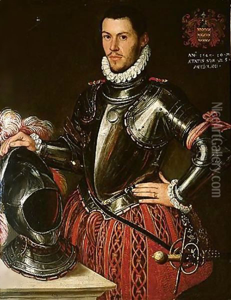 Portrait Of A Gentleman, Three-Quarter Length, Wearing Armour, Resting His Right Hand On A Helmet Oil Painting - Lombard School