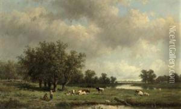 Cows In The Pasture Oil Painting - Anthonie Jacobus Van Wyngaerts
