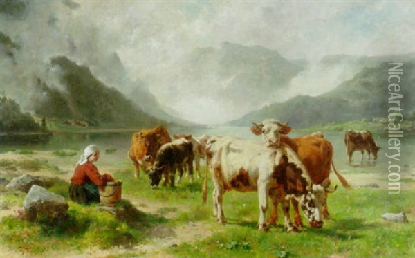 Milking-time Oil Painting - Wilhelm Friedrich Frey