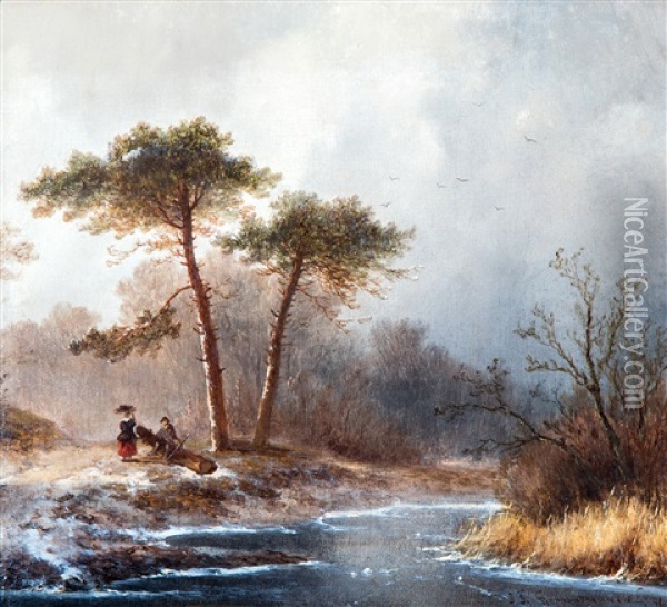 Winterlandschap Met Een Jager En Houtsprokkelaarster Oil Painting - Johannes Franciscus Hoppenbrouwers