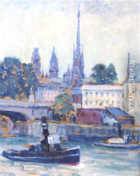 La Seine A Rouen Oil Painting - Frank Milton Armington