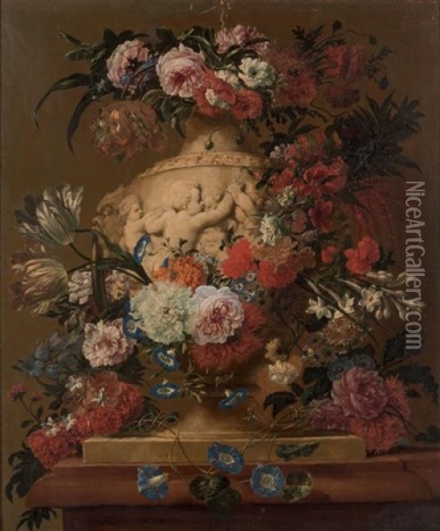 Nature Morte Aux Fleurs Et Vase Orne De Putti Oil Painting - Jan-Baptiste Bosschaert