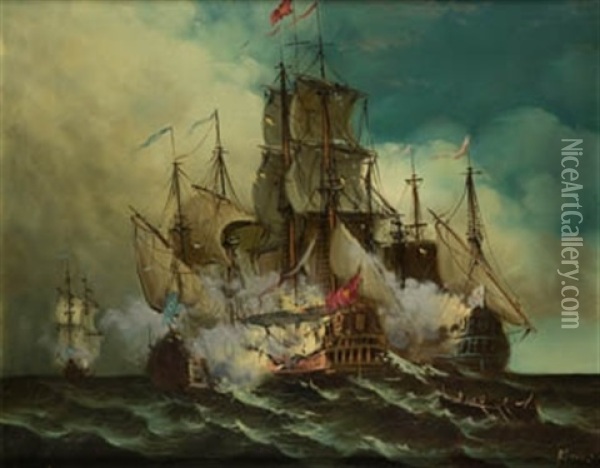 Batalla Naval Oil Painting - Salvador Abril y Blasco