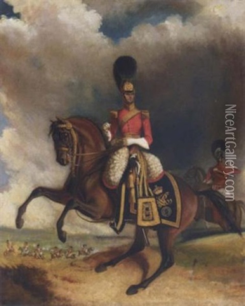 Portrait Of Lieutenant Colonel Charles Henry Somerset Mounted On His Charger, Wearing Uniform Of The 1st Royal Dragoons Oil Painting - Augustus S. Boult