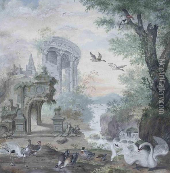 A Capriccio River Landscape With Part Of A Classical Rotunda And Apyramid, With Swans, A Mallard, A Heron And A Kingfisher Oil Painting - Johannes Bronkhorst