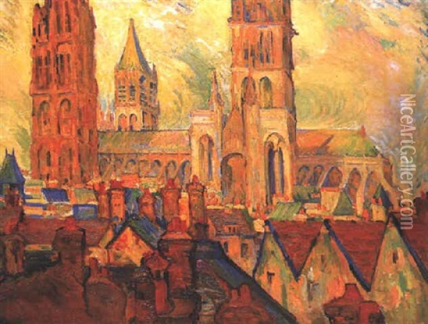 La Cathedrale De Rouen Vue Des Toits Oil Painting - Pierre Dumont