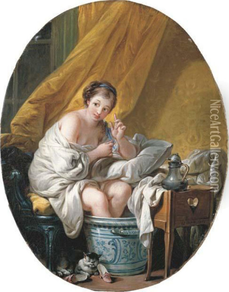 A Young Woman Taking A Footbath Oil Painting - Francois Boucher