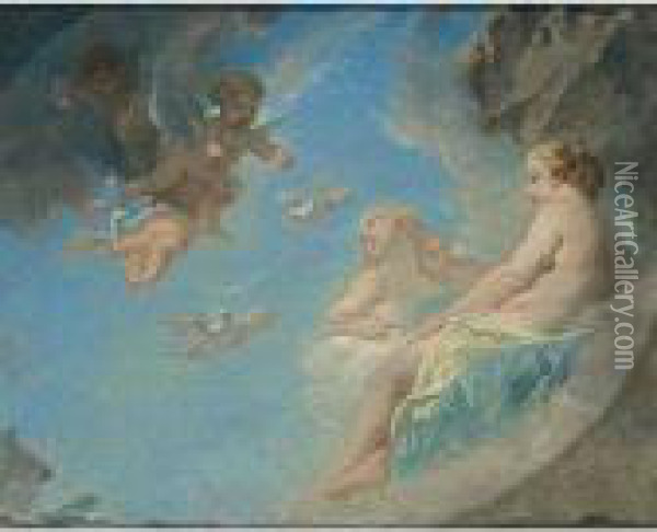 Reclining Nudes On Clouds Together With Putti Oil Painting - Francois Boucher