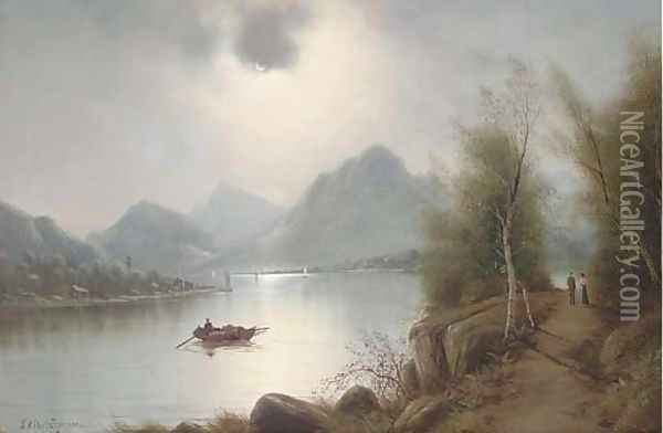A lake by moonlight Oil Painting - Nils Hans Christiansen