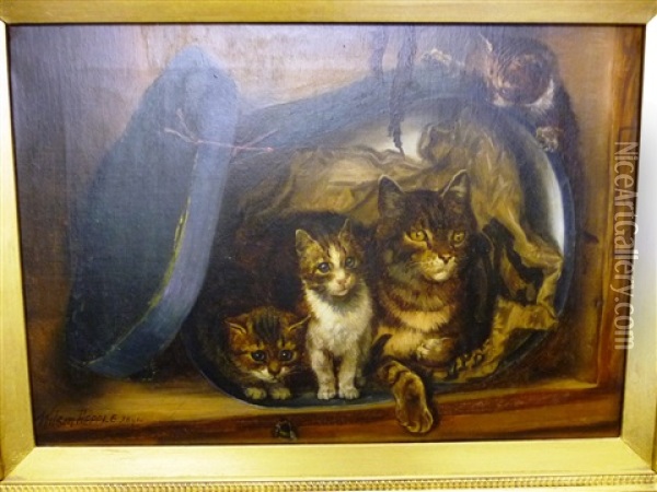 Cat And Three Kittens Beside A Hatbox Oil Painting - Wilson Hepple