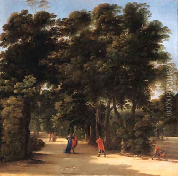 A park landscape with elegant figures conversing Oil Painting - Angeluccio