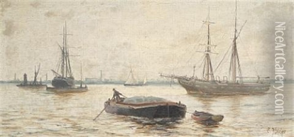 Ships At Anchor On The River (pair) Oil Painting - Edward Henry Eugene Fletcher