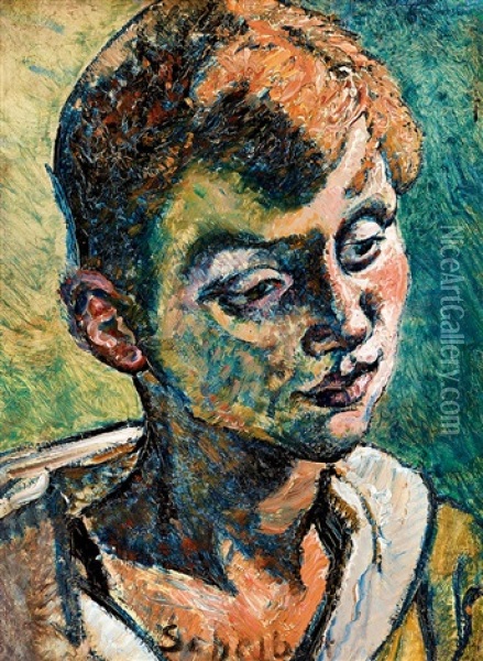 Boy With Turned Up Shirt Collar Oil Painting - Hugo Scheiber