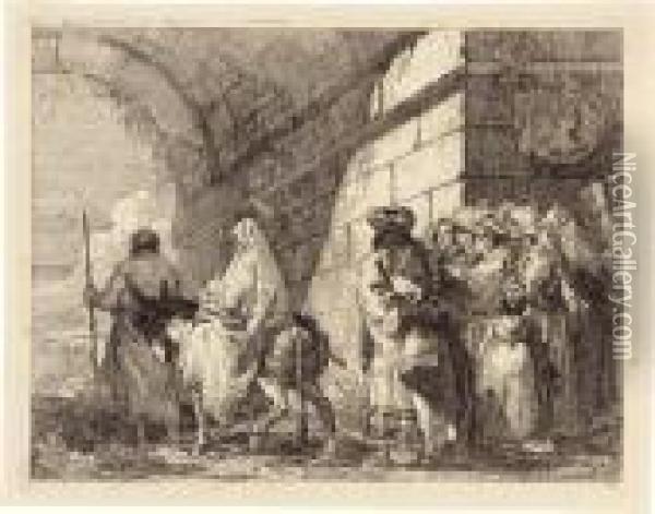 La Sacra Famiglia Esce Dalla Porta Di Una Citta Oil Painting - Giovanni Domenico Tiepolo