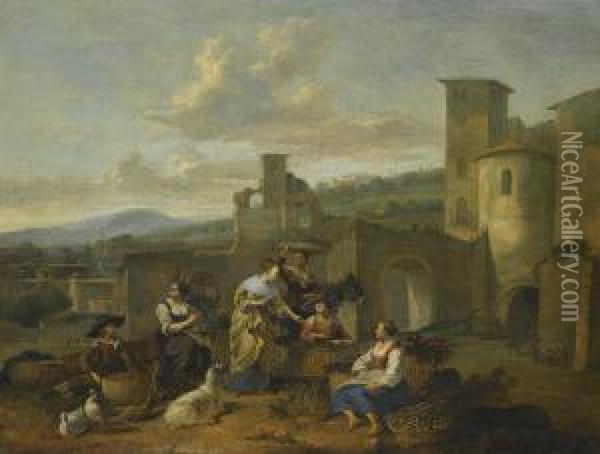 An Italianate Landscape With Vegetable Sellers Oil Painting - Hendrick Mommers
