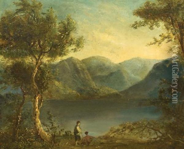 Figures Resting Under Trees By A Lake, With Mountians Beyond Oil Painting - Richard Wilson