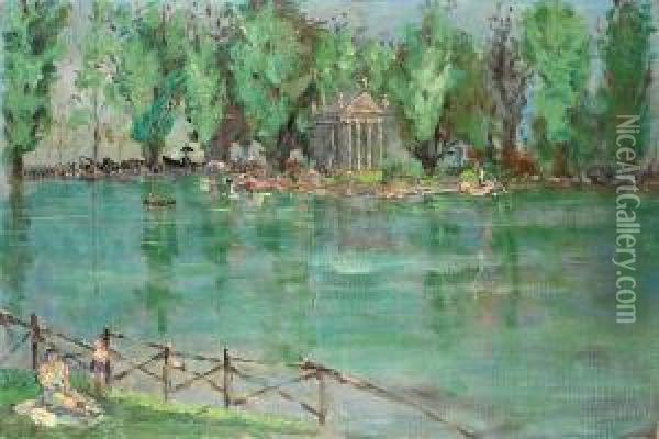 Giardino Del Lago In Villa Borghese With The Temple Of Aesculapius Oil Painting - Armando Spadini