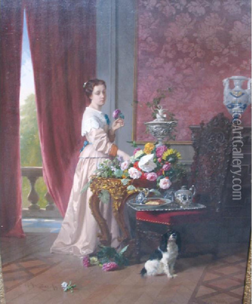 An Interior With A Woman Arranging Flowers An Expectant Dog Seated Beside A Tea Tray Oil Painting - David Emil Joseph de Noter
