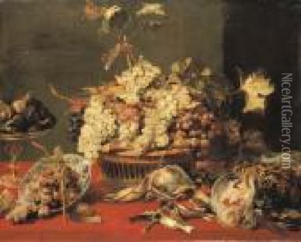 Grapes In A Basket And In A 
Wan-li 'kraak' Porselein Bowl With Figsin A Tazza On A Red Draped Ledge 
With A Woodcock, Pheasants, Apartridge And Other Birds Oil Painting - Frans Snyders
