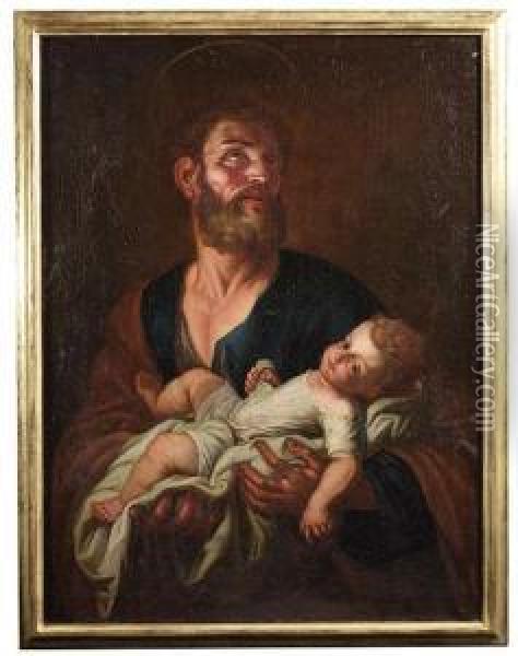 Joseph Holding The Child Oil Painting - Johann Michael Rottmayr