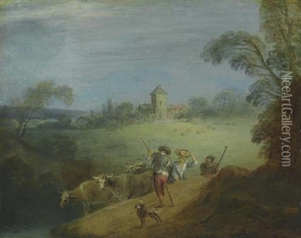 Landschaft Mit Kuherde Und Hirtenpaar Oil Painting - Jean-Baptiste Pater