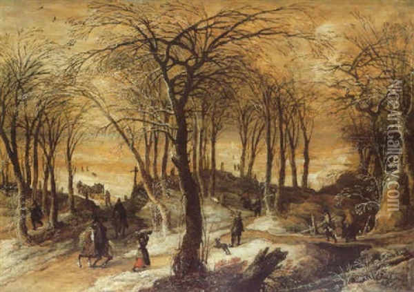 A Wooded Winter Landscape With Travellers, A Hunter And Men On Horseback, Figures In The Distance Oil Painting - Frans de Momper