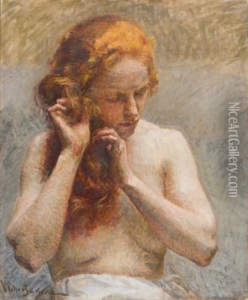 Weiblicher Halbakt, Das Haar Flechtend Oil Painting - Vlacho Bukovac