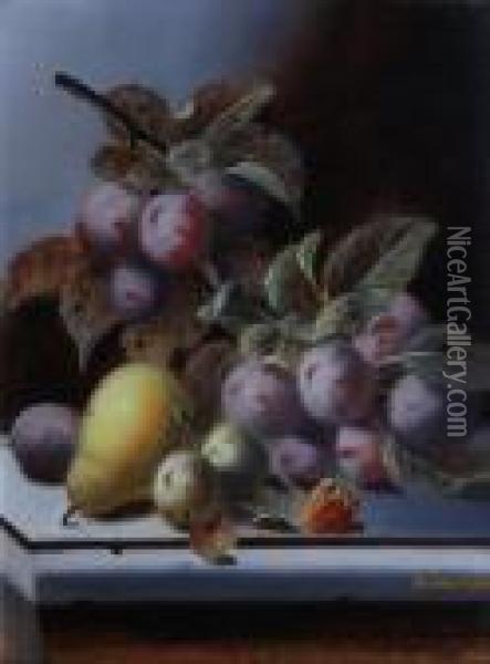 Black Grapes, Plums, Peaches, 
Gooseberries And Raspberries On A Ledge; Plums, Greengages, A Pear And A
 Strawberry On A Ledge Oil Painting - Oliver Clare