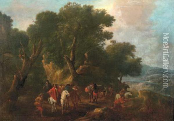 An Italianate Wooded Landscape With An Ambush In The Forground Oil Painting - Pieter van Bloemen