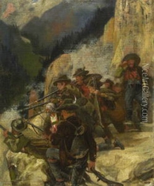 Tiroler Freiheitskampfer Zielen Von Einem Felsplateau Auf Den Gegner Im Tal Oil Painting - Franz Von Defregger