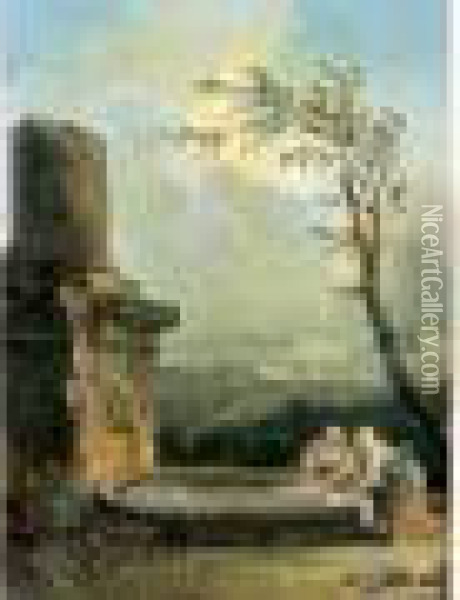 Les Lavandieres A La Fontaine. Oil Painting - Hubert Robert