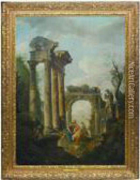 Figures Amidst Capricci Of Classical Ruins Oil Painting - Giovanni Niccolo Servandoni