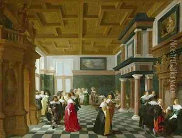 Elegant Figures dancing in an Interior Oil Painting - Dirck Van Delen