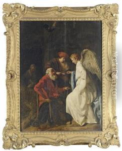 Tobias And The Angel Curing Tobit Of Blindness Oil Painting - Hendricksz Amersfoort Van Simon