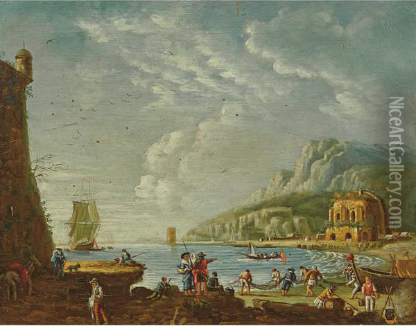 Veduta Costiera Con Figure E Veliero Oil Painting - Pieter Frederik De La Croix