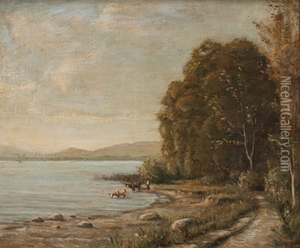 Baumbestandene Seelandschaft Mit Hirtin Und Kuhen Oil Painting - Barthelemy Menn