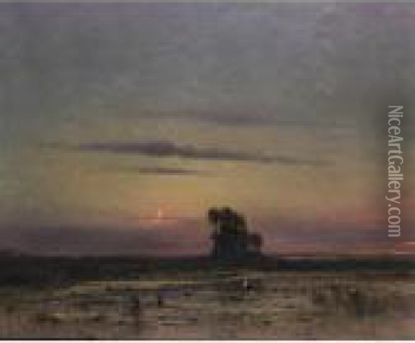 Moonlit Landscape With Stork Oil Painting - Bela Von Spanyi